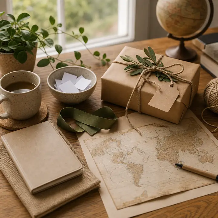 A wrapped gift, folded paper slips and travel-planning papers arranged for an international gift exchange.
