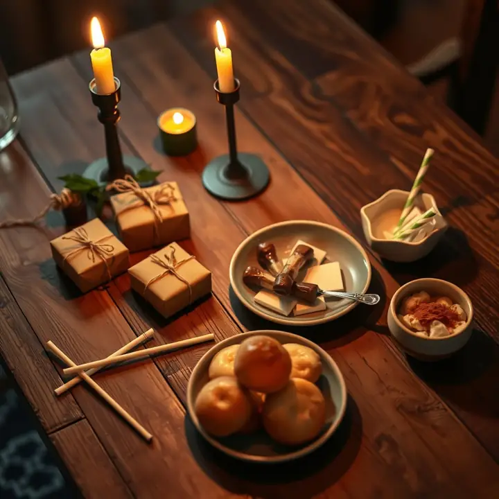 A candlelit table with small kraft gifts, a plate of buñuelos and drinking straws