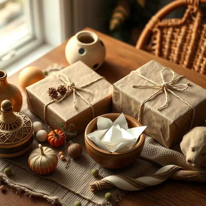 A wooden bowl of folded slips between two kraft gifts, beside a carved gourd and small pumpkins