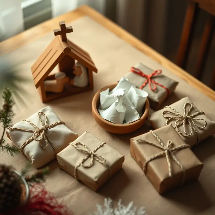 Twine-tied gifts around a bowl of name slips beside a small wooden nativity scene