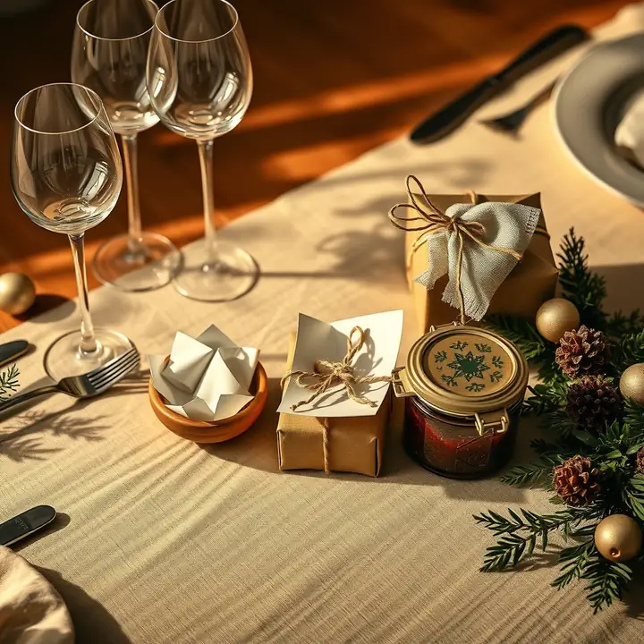 A dinner table with wine glasses, small gifts, a jar of preserves and a dish of name slips
