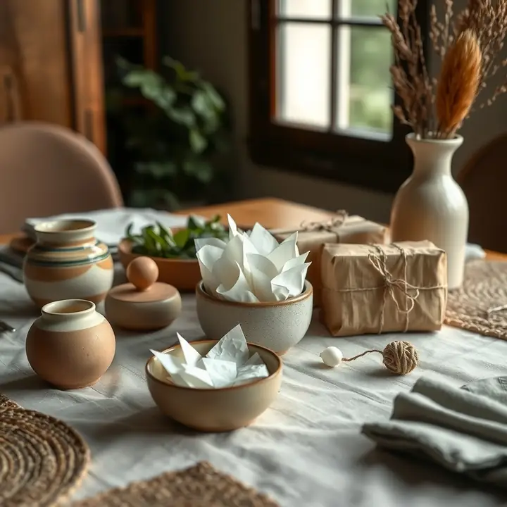 Bowls of folded name slips and kraft gifts on a linen-covered dining table