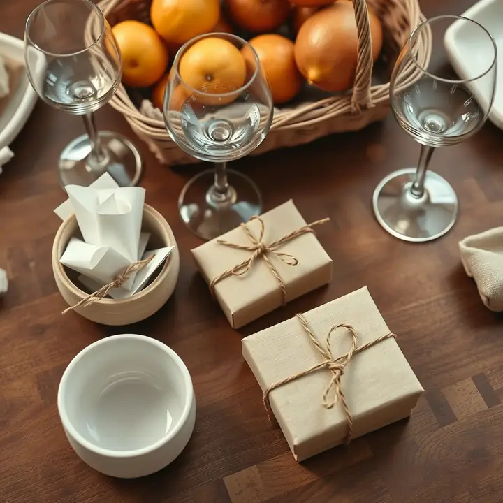 Kraft gifts and a cup of name slips beside wine glasses and a basket of oranges