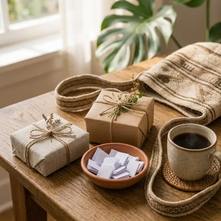 Two small kraft gifts, a bowl of name slips, a woven bag and a cup of coffee
