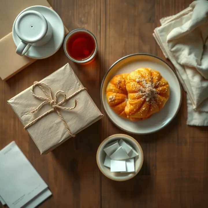 A kraft gift beside a sweet bread, a glass of tea and a small dish of name slips