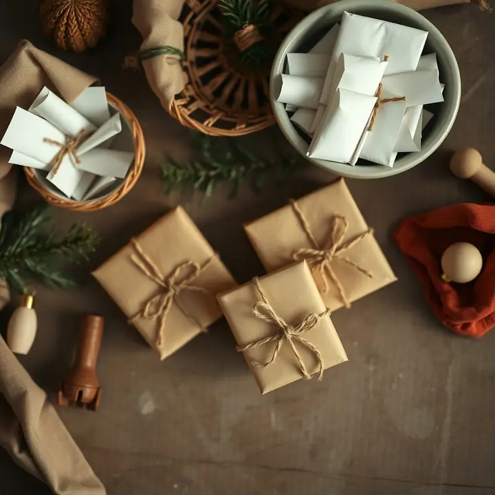 Kraft gifts and baskets of folded name slips on a dark wooden table, seen from above