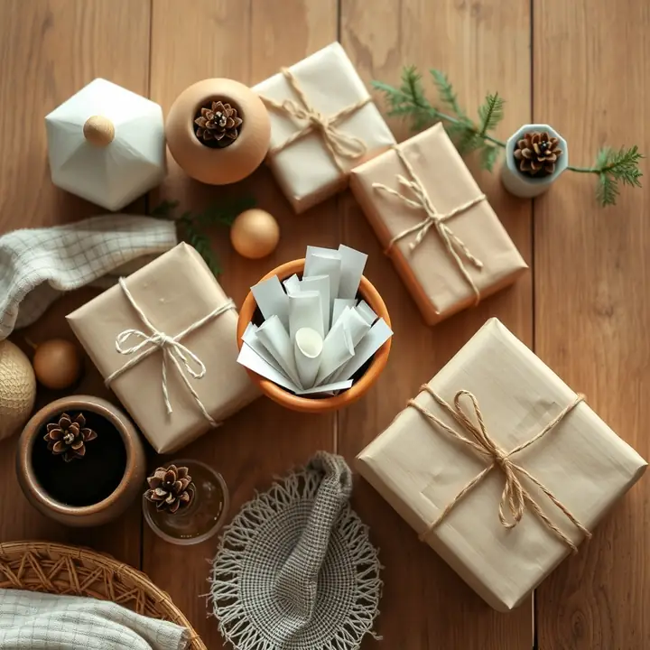 Cream-wrapped gifts around a terracotta bowl of rolled name slips, seen from above