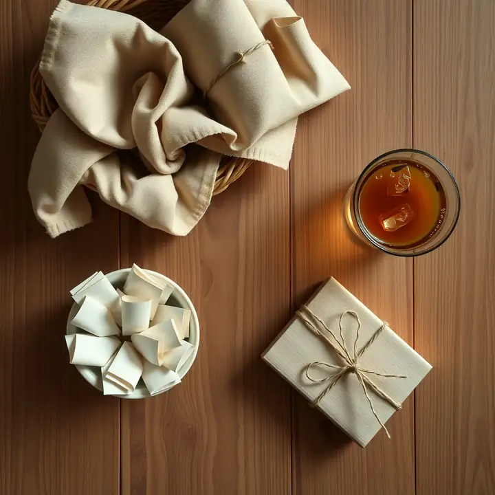 A cream-wrapped gift, a bowl of name slips and a glass of iced tea, seen from above