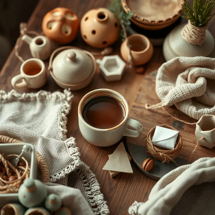 A cup of tea among clay vessels and linen, with a folded note in a small woven nest