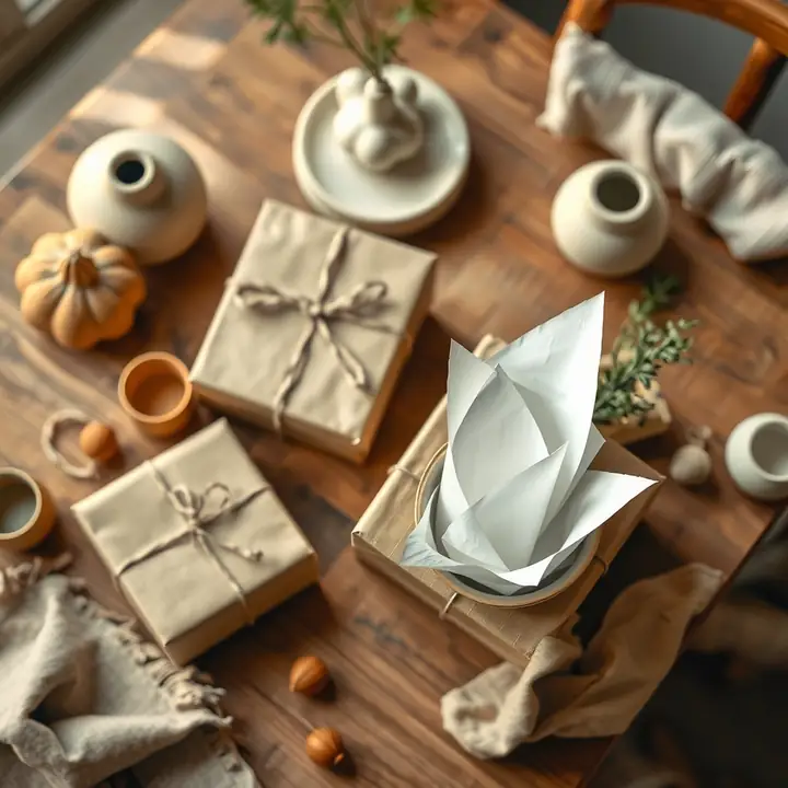 Kraft gifts and a cup of folded name slips among cream ceramic vases, seen from above