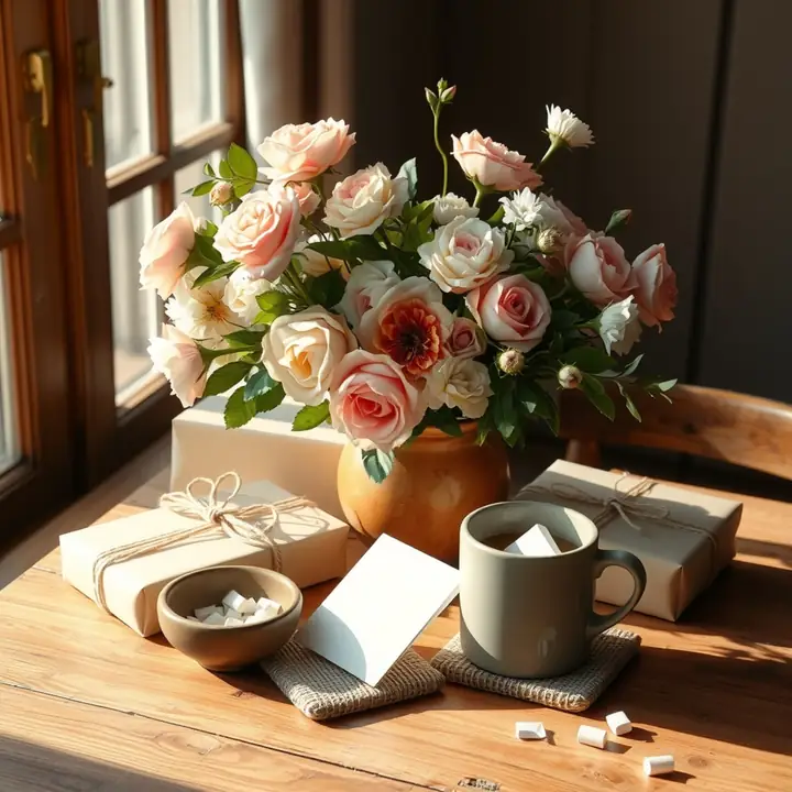 A vase of pink and cream roses behind white gifts, a coffee mug and a note card