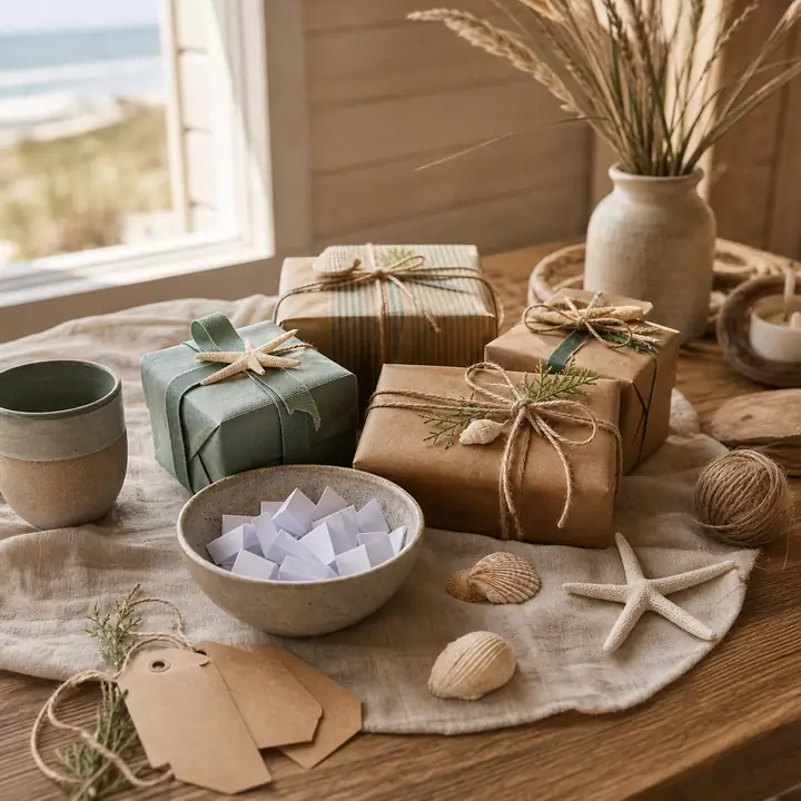 Coastal wrapped gifts with seashells, beach grass and folded paper slips on a sunlit table.