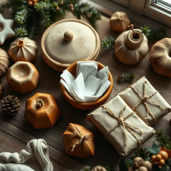 Folded name slips in a wooden bowl among clay pots, pine cones and twine-tied parcels