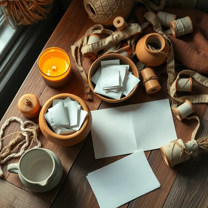 Clay pots holding folded paper slips beside a candle, blank sheets and spools of thread