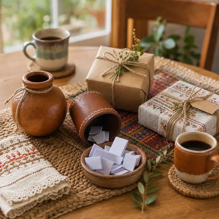 A clay cup with folded paper slips beside wrapped gifts and woven textiles on a warm wooden table.