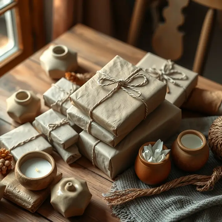 A stack of paper-wrapped gifts among clay pots, a candle and a cup of name slips