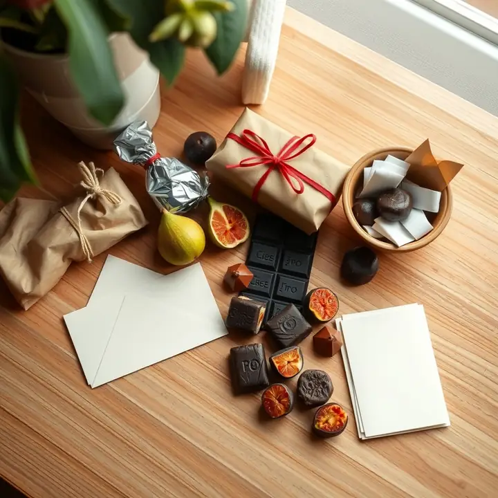 Chocolates, figs and sweets beside small wrapped gifts and blank note cards