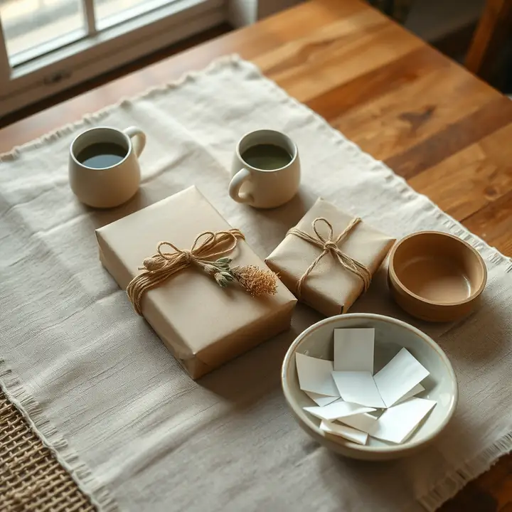 Two cups of tea, two small kraft gifts and a bowl of paper slips on a linen runner