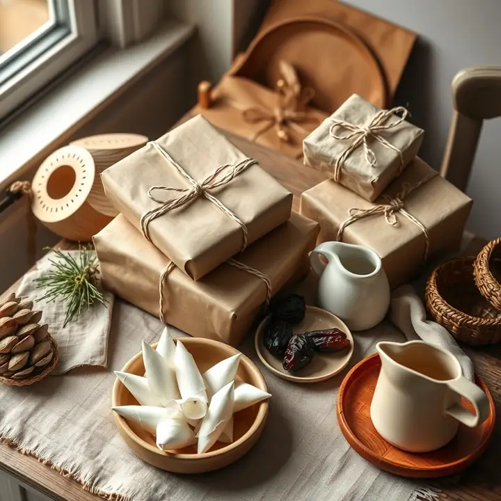 Stacks of twine-tied gifts beside a bowl of folded slips, a cream jug and dates