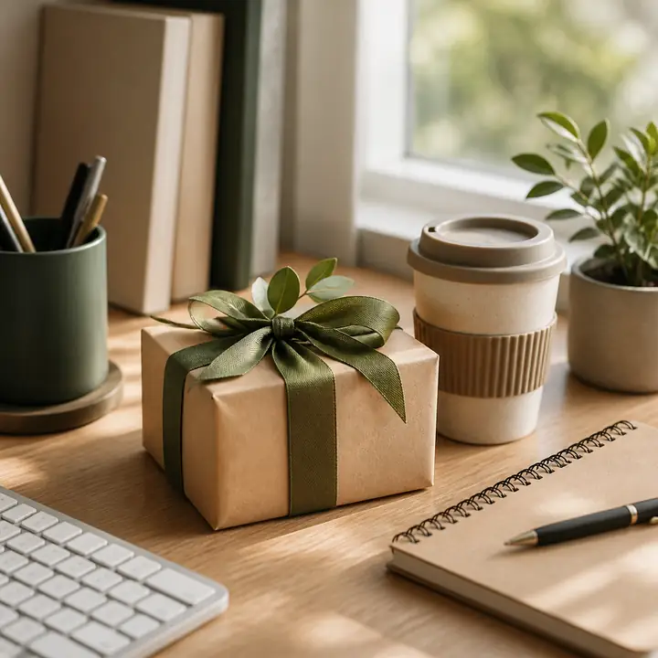A kraft-paper-wrapped gift tied with a green leafy bow on a wooden desk, beside a takeaway-style ceramic coffee cup, a small potted plant, a notebook with a pen, and the edge of a keyboard.