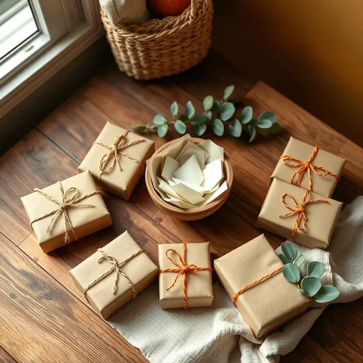 Small kraft gifts tied with twine in a circle around a bowl of paper slips