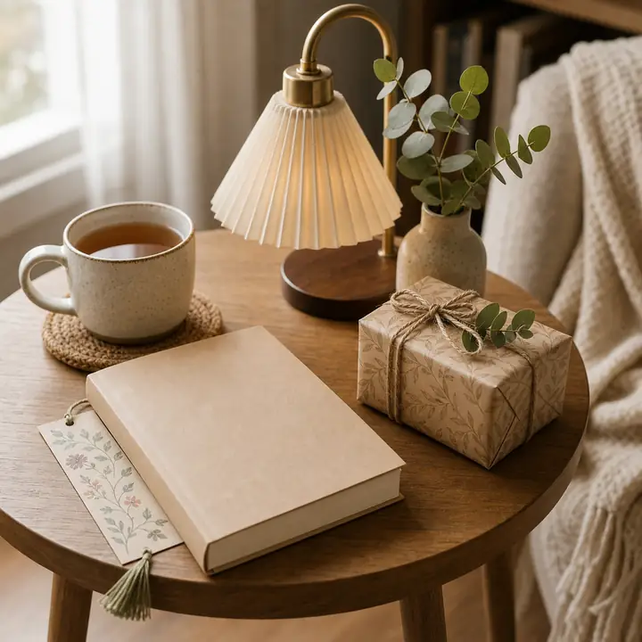 A round wooden side table with a pleated brass reading lamp, a steaming ceramic mug of tea on a woven coaster, a kraft-paper-wrapped book tied with twine and a hardback book with a floral bookmark, beside a knit throw.