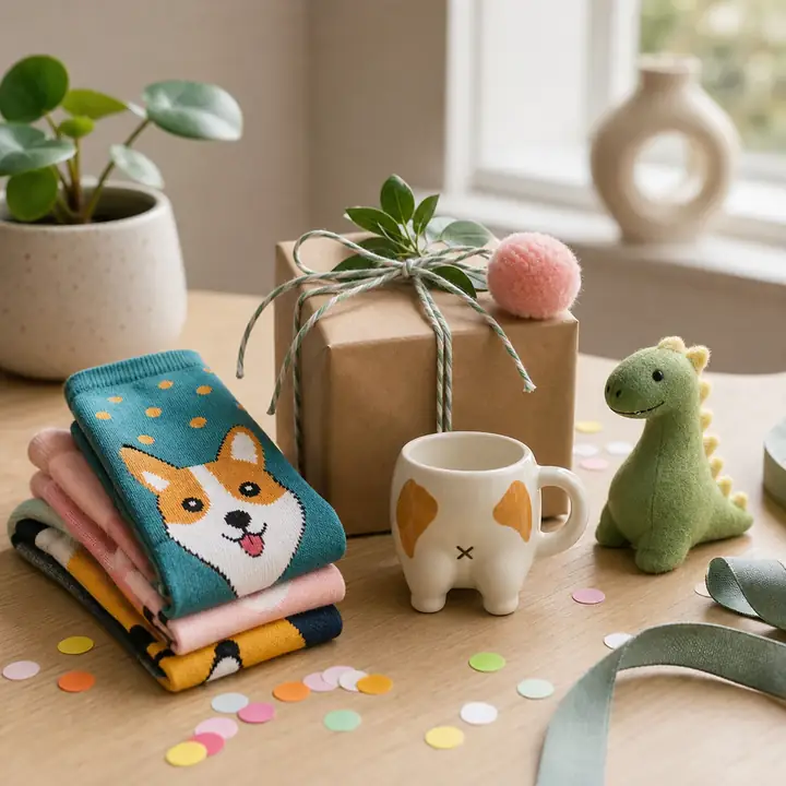 A kraft-paper-wrapped gift topped with a pink pom-pom and twine bow, a stack of folded corgi-print socks, a small ceramic cat-face mug and a felt dinosaur plush, with confetti scattered on a wooden table.