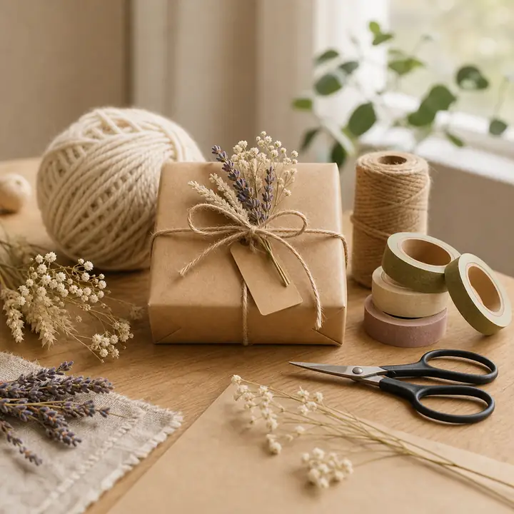 A ball of cream yarn beside a kraft-paper-wrapped gift tied with twine and dried lavender, with washi-tape spools, dried wheat stems, vintage scissors and a linen napkin on a wooden surface.