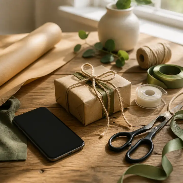 A roll of kraft paper, a small kraft-paper-wrapped gift tied with twine and eucalyptus, vintage black scissors, green ribbon, a tape spool and a phone on a wooden table.