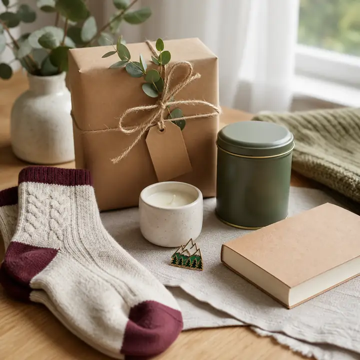A small kraft-paper-wrapped gift tied with twine and eucalyptus, a pair of cream knit socks with a burgundy heel, a green-glazed tin, a small white candle and a notebook arranged on a linen cloth.