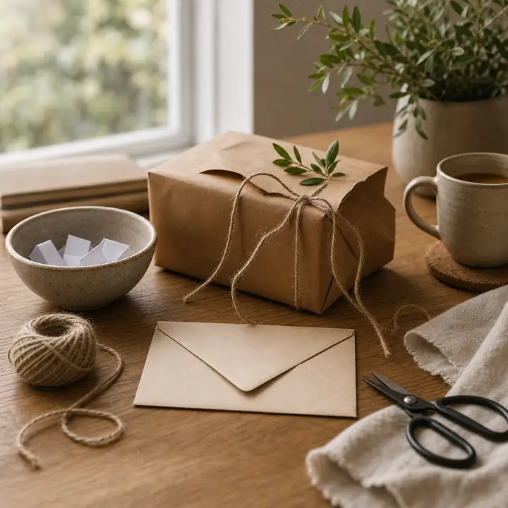 A partially untied wrapped gift, blank envelope and folded paper slips arranged for canceling a gift exchange.
