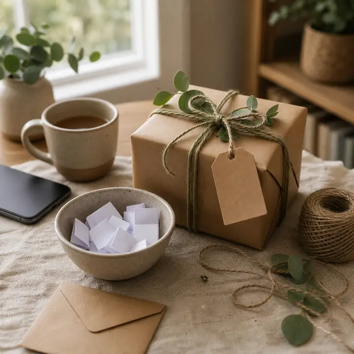 A wrapped gift set aside with a blank tag, folded paper slips and an envelope on a wooden table.