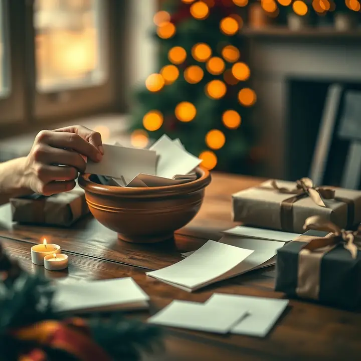 A hand drawing a name slip from a wooden bowl, gifts and Christmas lights behind