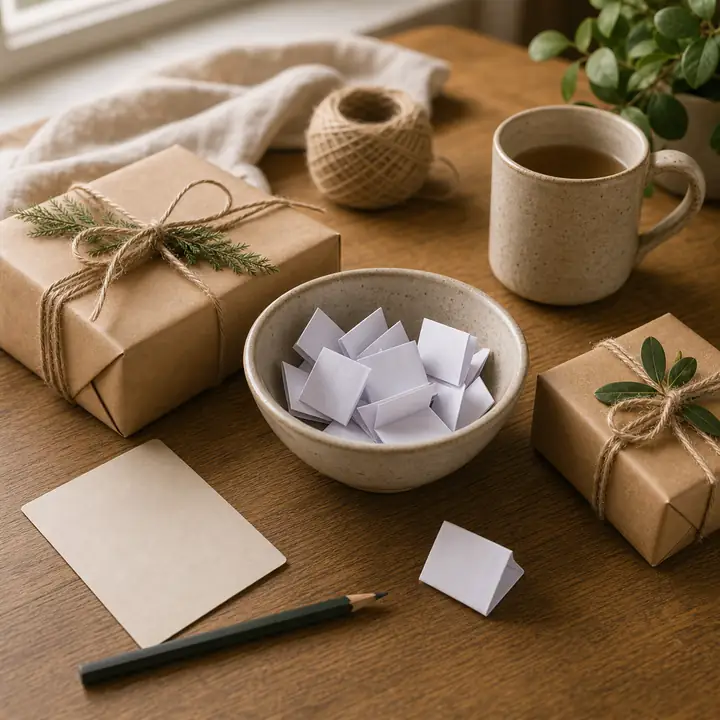 A bowl of folded paper slips with one slip set aside beside wrapped gifts and a blank note card.