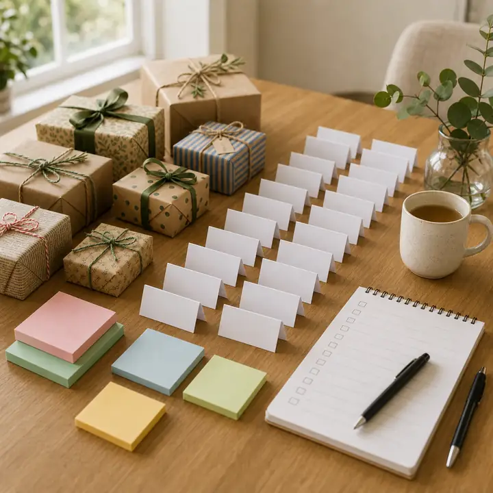 A row of small kraft-paper-wrapped gifts on the left, two columns of folded white name cards in the centre, a stack of pastel sticky notes, a notebook with a pen, a ceramic mug and a leafy plant by the window.