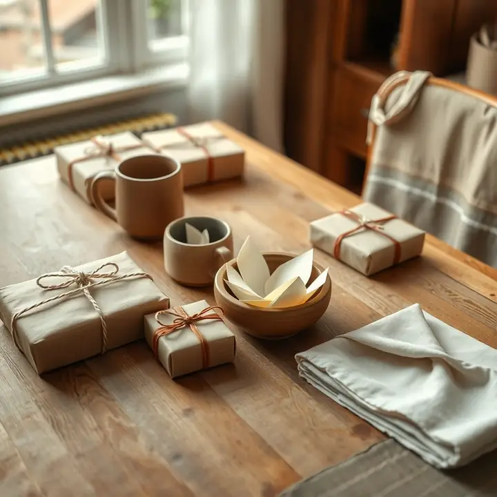 Small twine-tied gifts and a bowl of name slips on a wooden office table with mugs