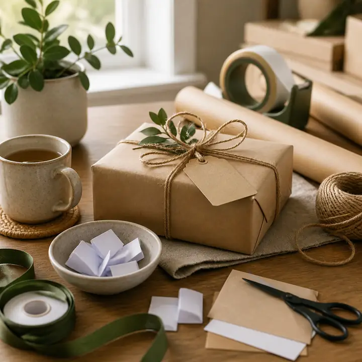 A kraft-paper parcel with twine, tape, scissors and folded paper slips arranged for remote gift delivery.