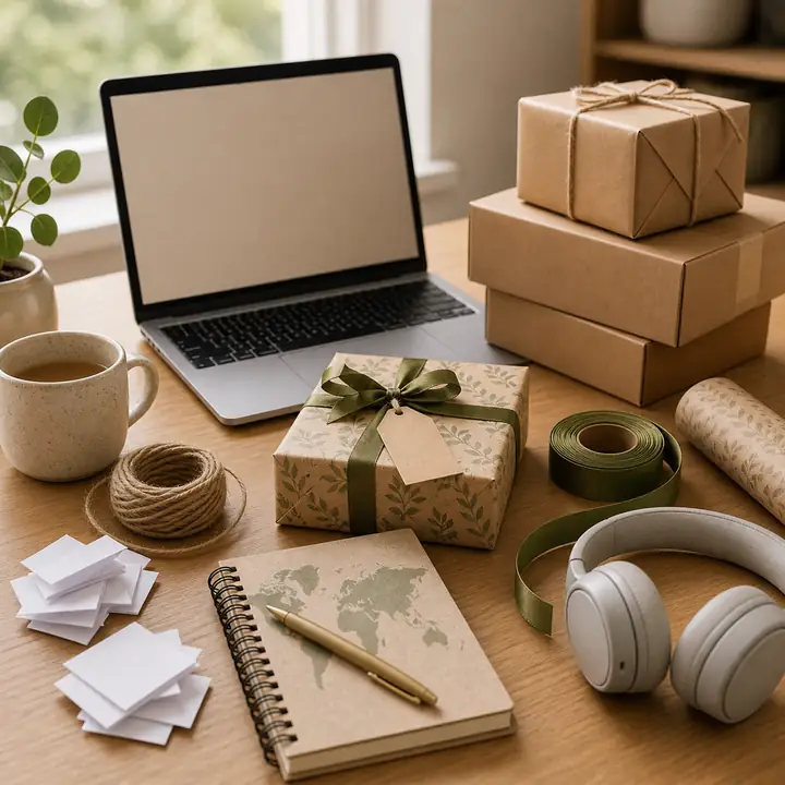 An open laptop with a notepad on the screen, a kraft-paper-wrapped gift tied with green ribbon, a stack of two more wrapped gifts, a ceramic mug of coffee, white wired headphones, twine, paper slips and a notebook with a pen.