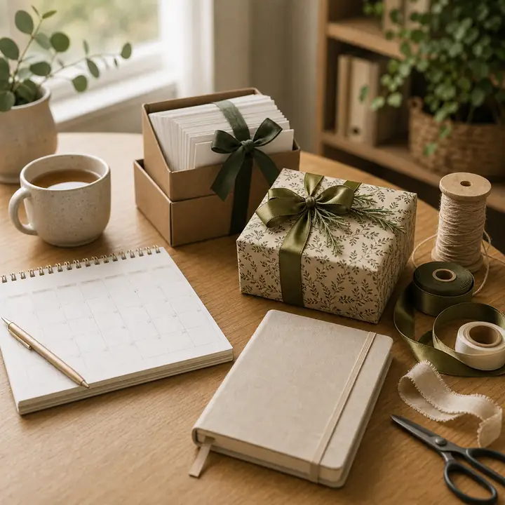 A planner, folded name slips and small wrapped gifts on a wooden desk, arranged for a yearly gift exchange.