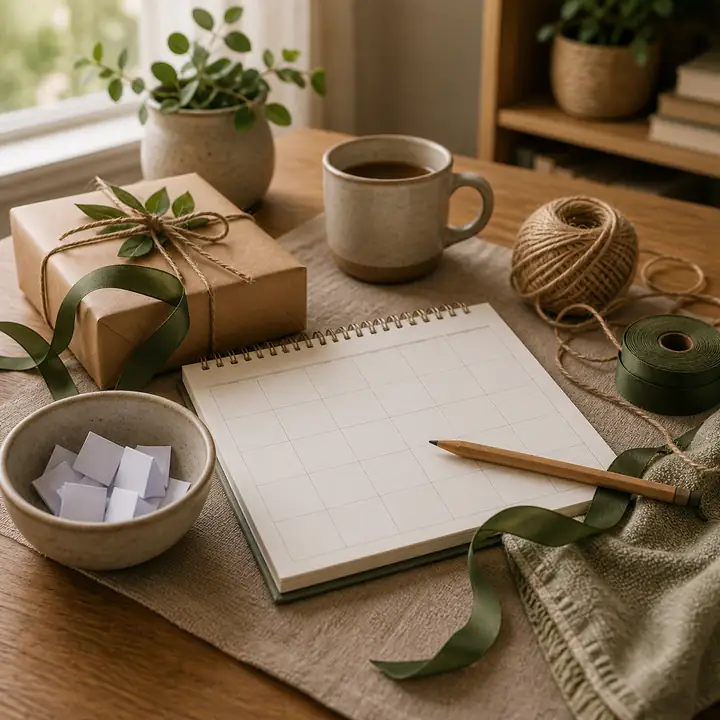 A blank planner page, pencil, folded paper slips and a wrapped gift arranged for rescheduling an exchange.