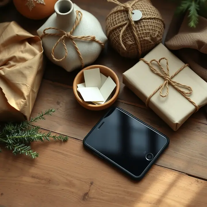 A smartphone beside a bowl of name slips and gifts wrapped in paper and burlap