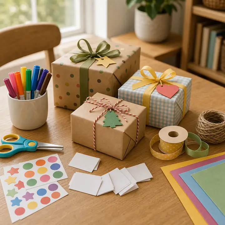 Child-friendly wrapped gifts in kraft with green stars, blue with a yellow ribbon and pink tag, and plaid with a tree tag, beside a cup of colored markers, scissors, sticker sheets, twine and pastel cards on a wooden table.