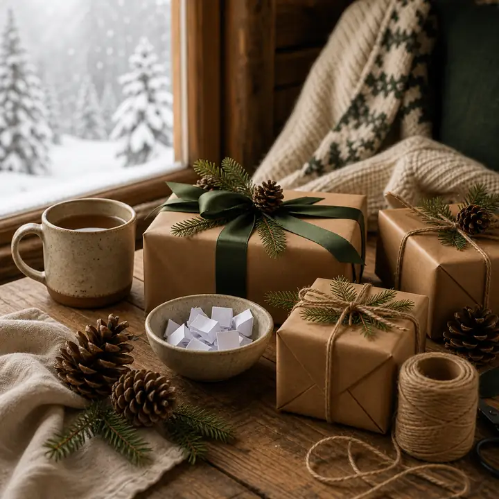 Winter wrapped gifts with pinecones, evergreen sprigs and folded paper slips on a cozy cabin table.