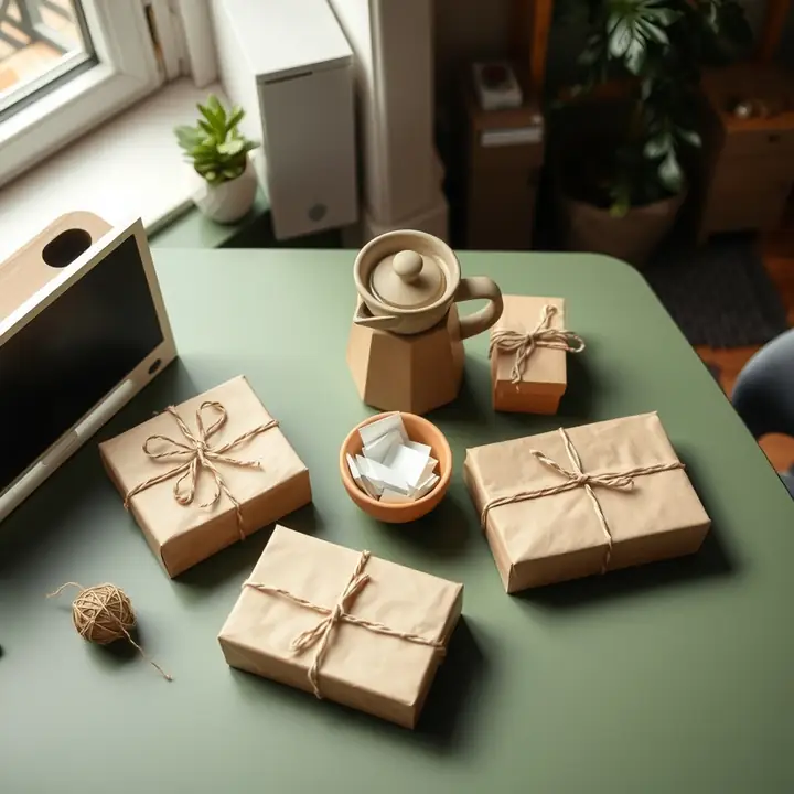 Twine-tied gifts and a cup of name slips on a green desk beside a monitor