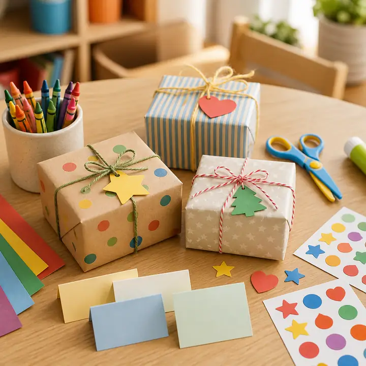 A cup of colored crayons, two kid-friendly wrapped gifts (one polka-dotted with a yellow bow, one in green tree paper with red-and-white twine), star-shaped tags, a sticker sheet, blank cards and scissors on a wooden table.