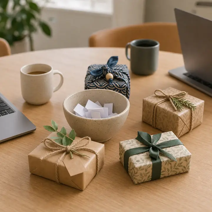 Two ceramic mugs framing a small fabric pouch in a beige bowl, with two kraft-paper-wrapped gifts (one with eucalyptus, one with a green leafy ribbon) and the corner of a laptop on a wooden desk.