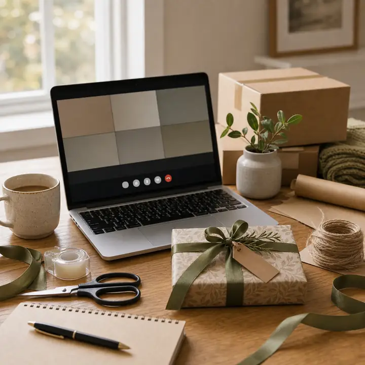 An open laptop showing a video-call grid of muted tiles, beside a kraft-paper-wrapped gift tied with a wide green ribbon, a ceramic mug, scissors, twine and a notebook with a pen on a wooden desk.