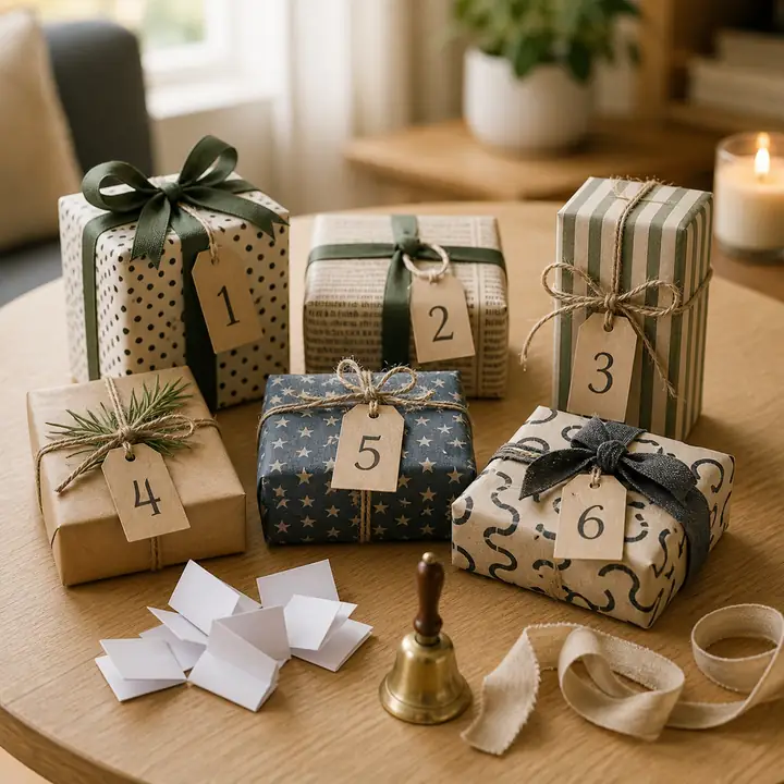 Six wrapped gifts in mixed papers, each tagged with a hand-numbered label from 1 to 6, with a small brass bell, a candle in glass, ribbons and folded paper slips on a wooden table.