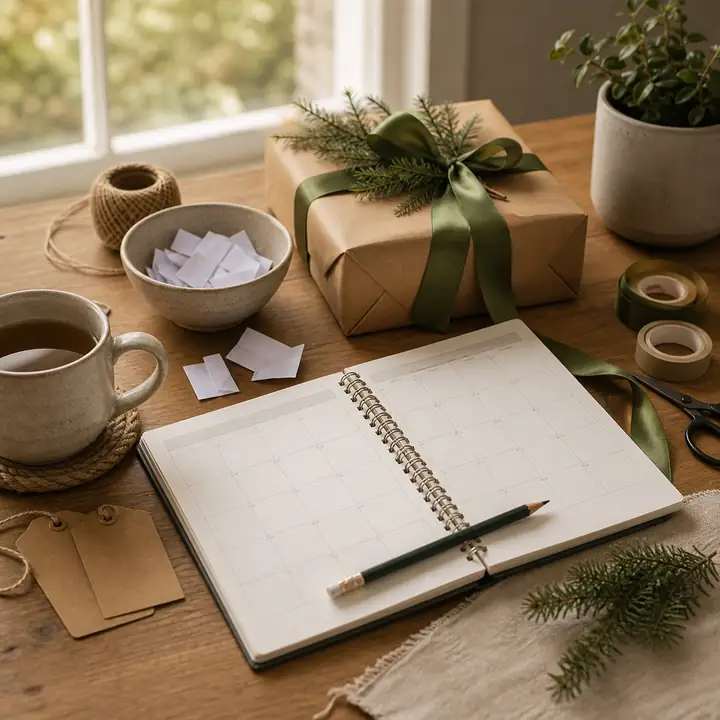A blank planner, pencil, folded paper slips and a wrapped gift arranged for planning a 2026 exchange.