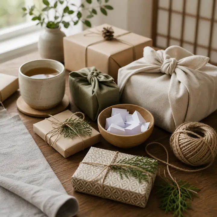 Neutral wrapped gifts in paper and furoshiki cloth beside a tea cup and folded paper slips.